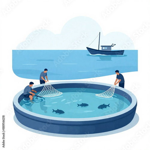 Fishermen Harvesting Fish in Aquaculture Pond