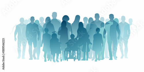 A blurred crowd of people including a person in a wheelchair