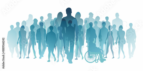 A crowd of blurred figures with a prominent silhouette and wheelchair