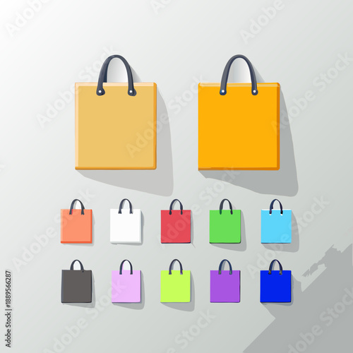 Colorful shopping bags displayed in a grid representing retail and consumerism