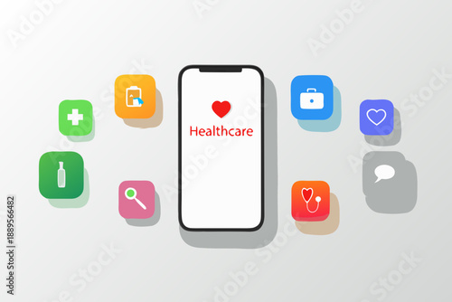 Healthcare apps displayed on a smartphone with medical icons surrounding it