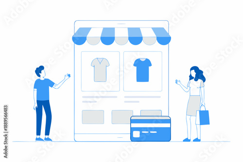 People shopping online via a mobile phone with displayed clothing items