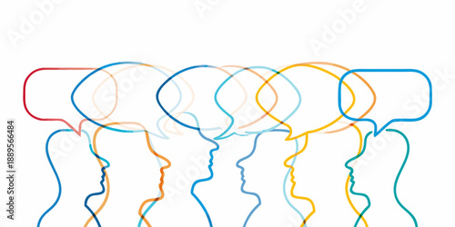 Abstract illustration of overlapping speech bubbles and silhouetted faces