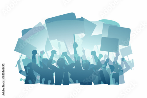 A crowd of people raising hands and holding protest signs together