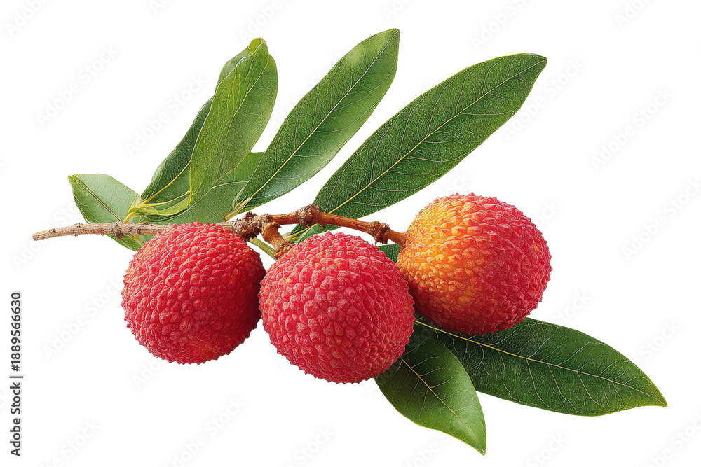 Fototapeta premium Three ripe red lychee fruits on a branch with green leaves against black leaf