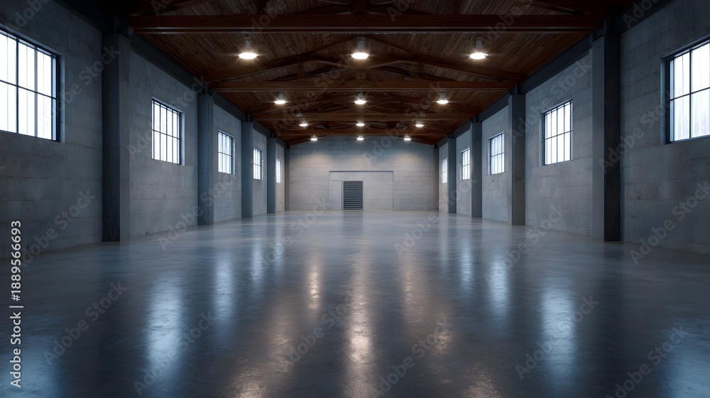 Fototapeta premium Spacious empty industrial warehouse interior with polished concrete floor and exposed wooden ceiling beams