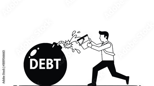 A cartoon man using a water gun to explode a debt bomb