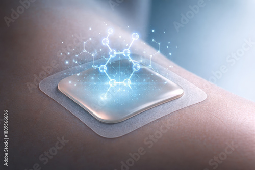 Hrt hologram medical skin patch futuristic healthcare nanotechnology non invasive drug delivery biotechnology molecular structure blue light human skin hrt hologram medical skin patch glows human