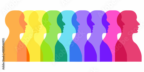 Silhouettes of faces overlapping in rainbow spectrum colors