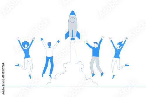 Team celebrating a successful rocket launch with arms raised in excitement