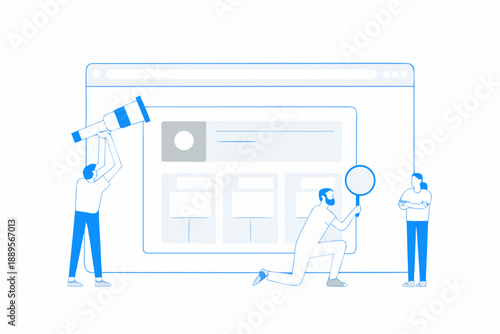 Team analyzing website data with a megaphone and magnifying glass