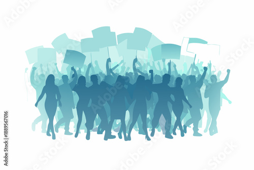 A crowd of silhouetted people raising hands and holding protest signs