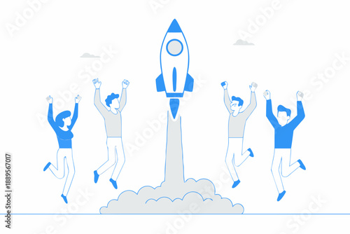 People celebrating a rocket launch with arms raised in excitement