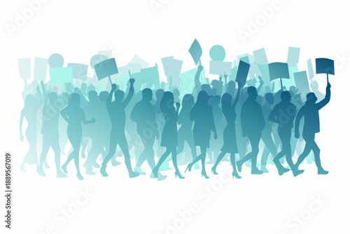 A blurred crowd of people protesting with signs arms raised in solidarity