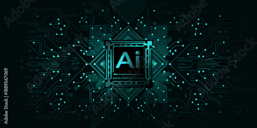 Abstract digital circuit board with a glowing ai symbol in the center