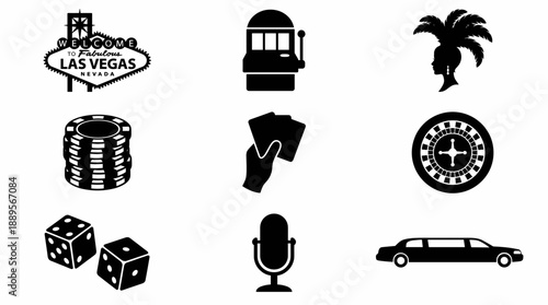 Las Vegas vector logo bundle with classic welcome sign, showgirl feather headdress, limousine, microphone, slot machine, and casino poker chips silhouette icons.