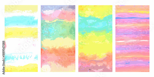 Abstract watercolor brushstrokes in vibrant pastel shades arranged vertically