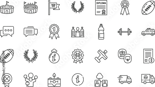 Sports Achievement and Information Outline Icon Set with Awards Medals Fitness Chat Logistics and UI Symbols for Web App and Infographic Design Projects