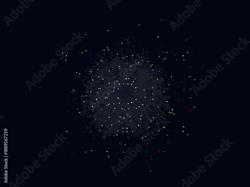 Abstract explosion of colorful particles against a dark navy background
