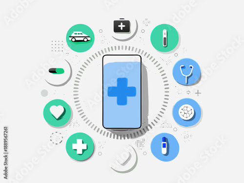 Digital healthcare concept with smartphone surrounded by medical icons