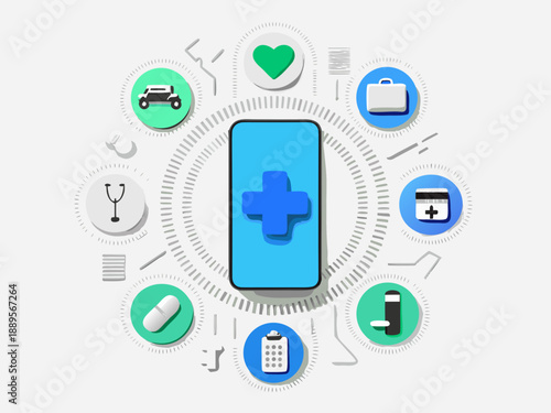 Digital healthcare concept a smartphone surrounded by medical icons