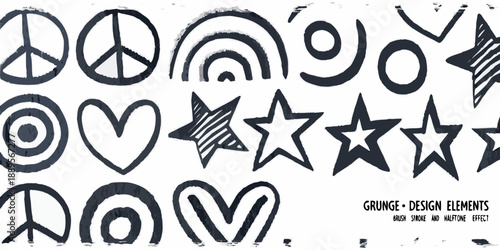 Collection of hand drawn peace signs hearts stars and abstract shapes