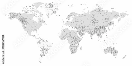 World map dotted with numerous small grey points representing locations