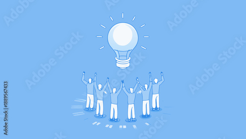 A group of people supporting a glowing lightbulb symbolizing teamwork and ideas