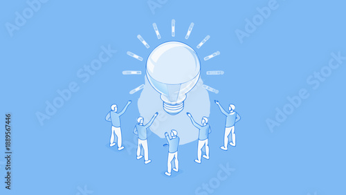 Teamwork supports a bright idea represented by a glowing lightbulb