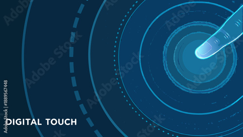 Abstract digital touch interface with concentric circles and a glowing finger