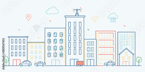 A colorful line art illustration depicts a smart city with connected buildings