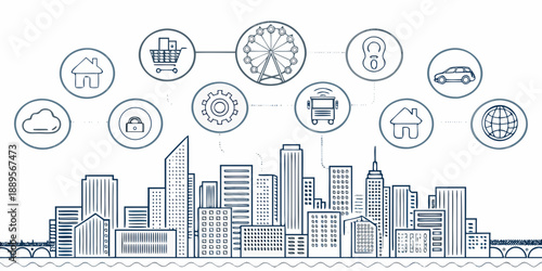 Smart city concept illustration with interconnected icons over a skyline