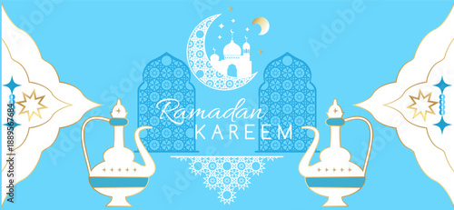 Happy Ramadan Kareem Islamic greeting card, banner template with Ramadan Geometric style, Islamic Holy Month for of Muslim holiday Vector icon flat illustration