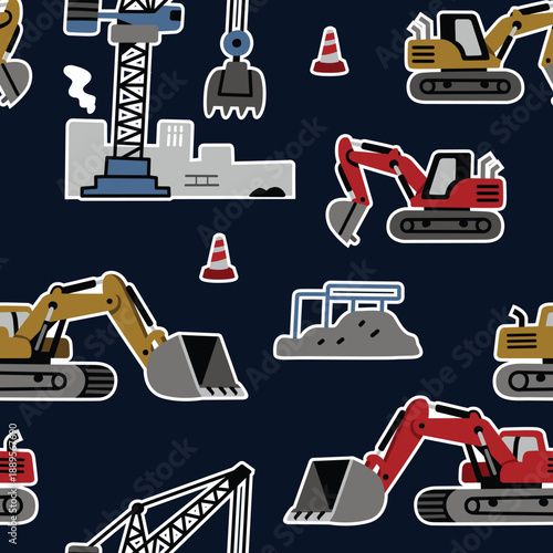 Cartoon Construction Vehicles and Building Site Elements