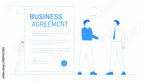 Two businessmen shaking hands near a business agreement document