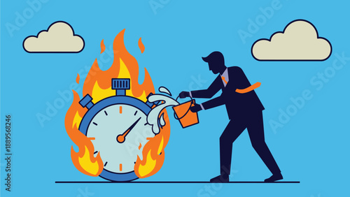A businessman in a suit extinguishing a burning stopwatch with a fire extinguisher