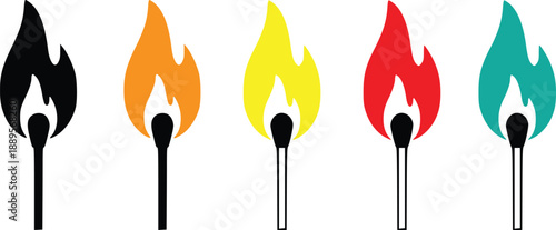 Burning Matchstick Flame Icon Set Vector, Fire and Ignition Symbols in Multiple Colors