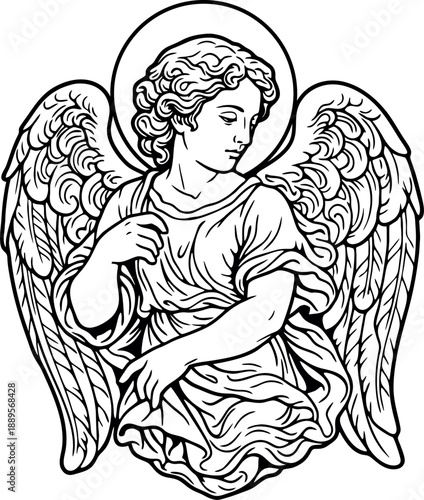 Vintage Engraving Style Angel With Wings - Black and White Line Art Vector Illustration