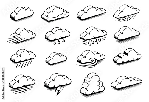 Hand drawn line art isometric cloud icons set featuring different weather phenomena for weather forecasts and climate concepts