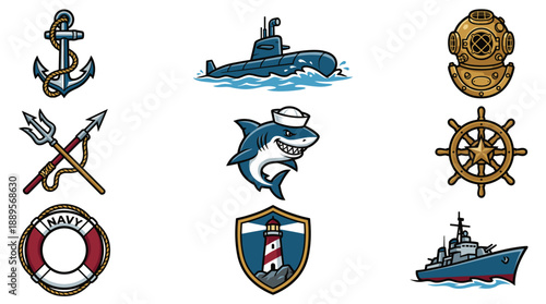Navy military patch vector collection including submarine warship and anchor symbols for marine force emblem or nautical tattoo style sticker design