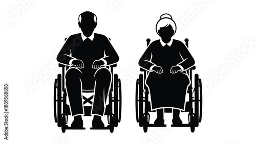 A black silhouette of an elderly couple sitting in wheelchairs together