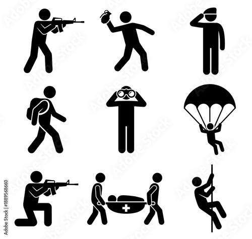 Military soldier silhouette vector set depicting infantry action poses like shooting saluting and parachuting for army training manual or tactical patch design
