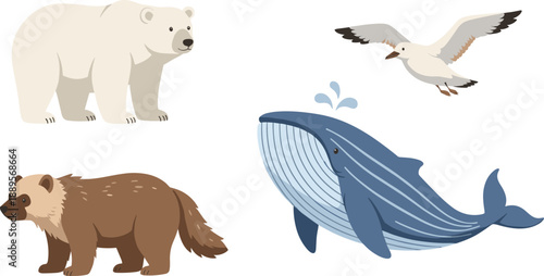 Wildlife Animals Vector Set with Polar Bear Brown Bear Seagull and Whale Characters for Nature Education Ecology and Animal Illustration Designs