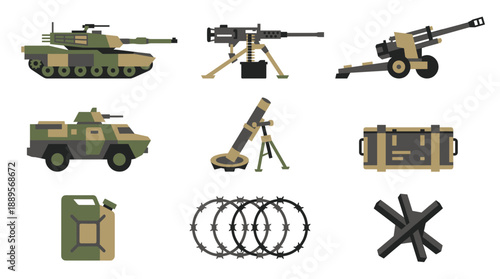 Military heavy weapon assets vector collection featuring tank artillery cannon and machine gun for army war game or tactical equipment patch design elements