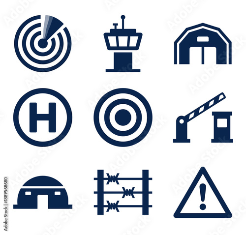 Military base infrastructure icons vector pack including radar tower hangar and bunker symbols for tactical map or army zone warning patch design elements