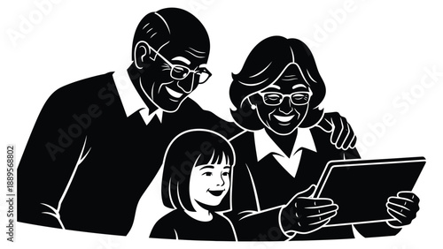 A happy family of three looking at a tablet together with smiles