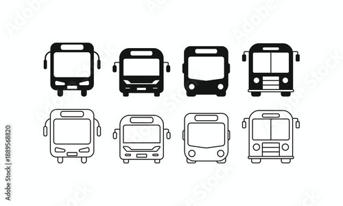 Set of bus front view icons in solid silhouette and thin line style for transportation design