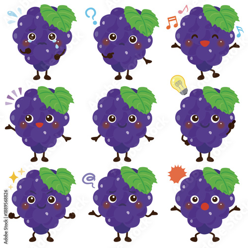 ブドウのキャラクターイラスト　表情セット／ute Grape Character Illustration – Expression Set