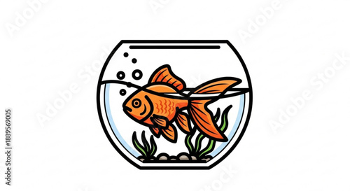 Vibrant orange goldfish swimming in clear water inside a small octagonal fishbowl with green plants and bubbles on a white background