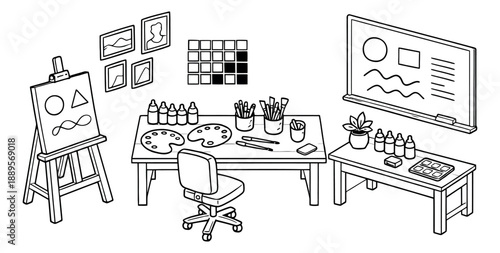Hand drawn line art illustration of an art studio depicting various art supplies and equipment for creative learning and artistic expression